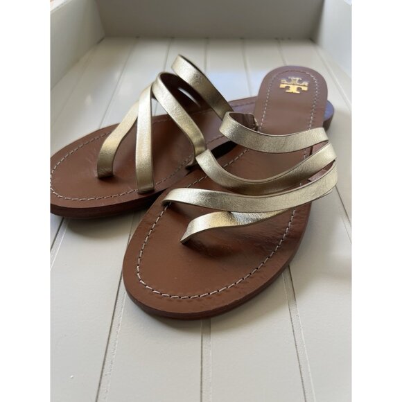 Tory Burch Patos Metallic Strappy Sandals Gold Leather Slides Summer Chic Size 9 - Picture 4 of 13